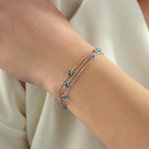 Aquamarine Chain Bracelet for Women, 925 Sterling Silver Minimalist Birthstone Bracelet, Layered Everyday Bracelet, Birthday Gift for Her