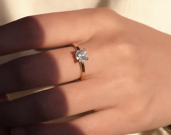 14K massief gouden diamanten verlovingsring, 0,50 CT rond geslepen solitaire ring, 4-tands beloftering, 2 mm band trouwring