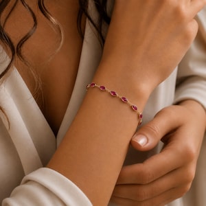 Ruby Red Chain Bracelet, Marquise Cut Station Bracelet, 14K Gold Plated 925 Sterling Silver, July Birthstone Color, Birthday Gifts for Her