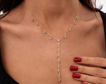 14K Gold Plated Aquamarine Lariat Y Necklace in 925 Sterling Silver, Birthstone Drop Necklace, Dainty Bridal Necklace, Bridesmaid Gifts