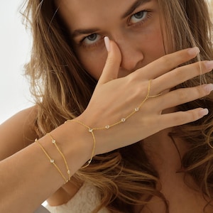 Dainty 14K Gold Hand Chain Bracelet: Cubic Zirconia Finger Harness