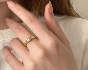 14 kt massief gouden ronde geslepen diamanten ring van 0,5 CT met 4 tanden, sierlijk verlovingscadeau
