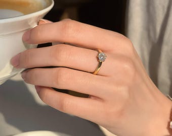 14 kt massief gouden 2 mm-band 6-tands rond geslepen solitaire diamanten verlovingsring, 0,50 CT sierlijke beloftering voor haar
