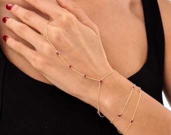 14K Gold Plated Dainty Hand Chain Bracelet in 925 Sterling Silver, Boho Finger Ring Jewelry with Red Cubic Zirconia for Women