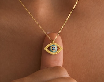 14K Gold Plated Sterling Silver Evil Eye Necklace, Dainty Turquoise Nazar Pendant