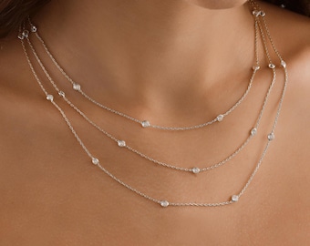 Collana a strati in argento sterling 925 con zirconi cubici, delicata collana a tre strati, collana minimalista per tutti i giorni da donna