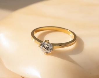 14 kt massief gouden 1 mm band dubbele klauw 4-tanden rond geslepen solitaire diamanten verlovingsring, 0,50 CT sierlijke jubileumring voor haar