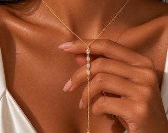 Gold Y Necklace, 925 Sterling Silver Marquise CZ Lariat, 14K Gold Plated Drop Necklace, Dainty Bridal Layering Piece, Gift for Her