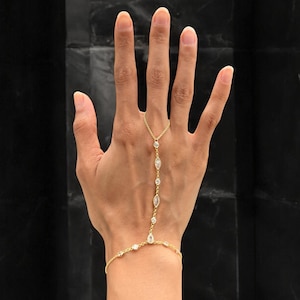 14K Gold Plated Hand Chain Bracelet in 925 Sterling Silver – Dainty Finger Bracelet with Cubic Zirconia