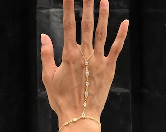 14K Gold Plated Hand Chain Bracelet in 925 Sterling Silver – Dainty Finger Bracelet with Cubic Zirconia