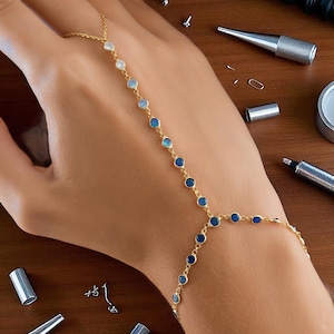 14K Gold Plated Hand Chain Bracelet: Blue Gemstone Boho Hand Harness