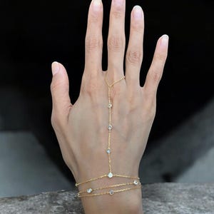 14K Gold Plated Hand Chain Bracelet: Cubic Zirconia Dainty Finger Bracelet