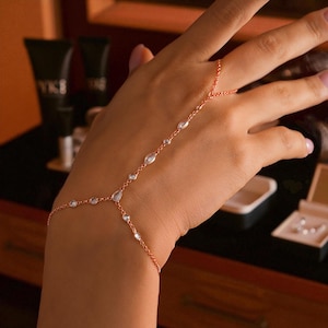 Rose Gold Hand Chain Bracelet: Dainty Cubic Zirconia Bridal Jewelry