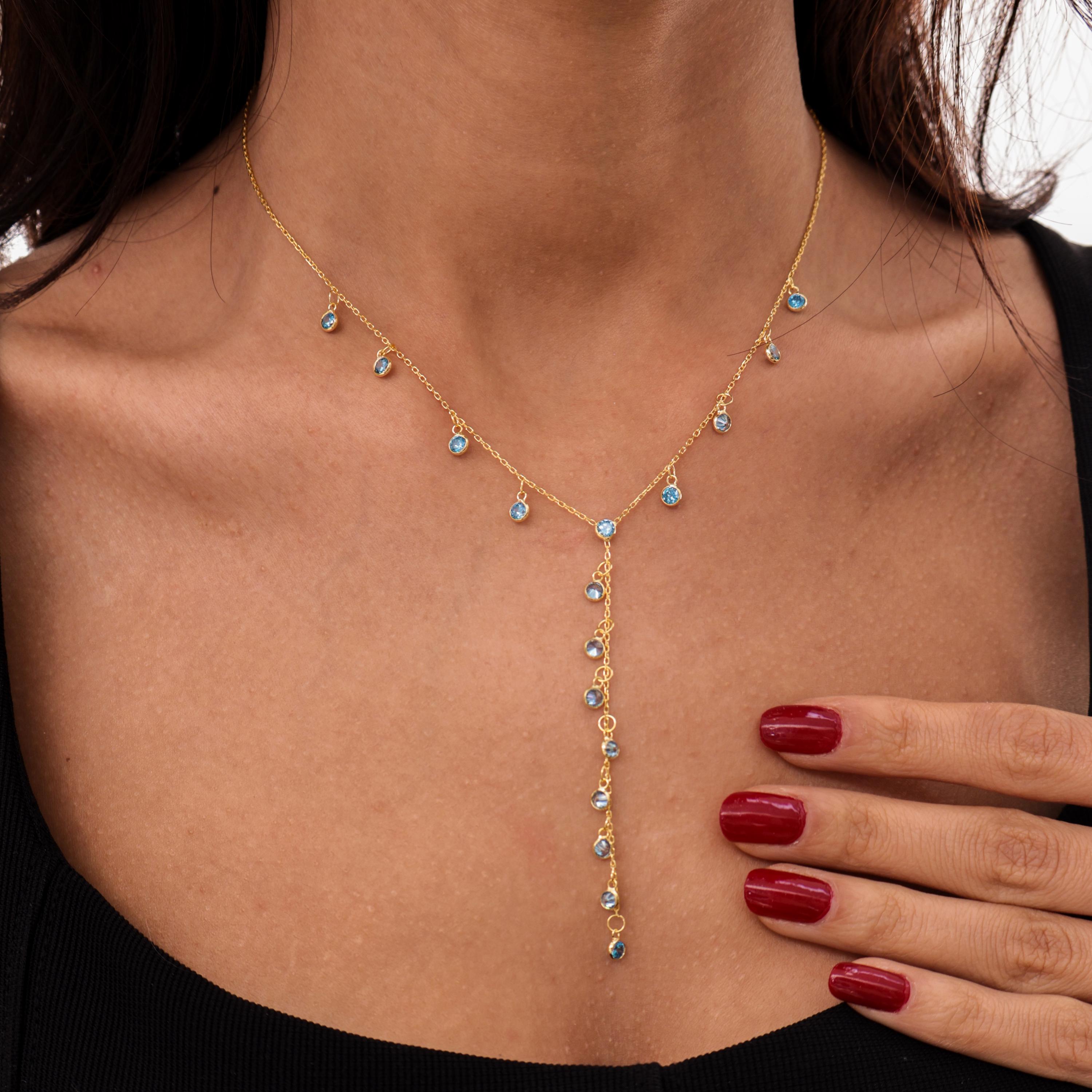 14K Gold Plated Aquamarine Lariat Y Necklace in 925 Sterling Silver,…