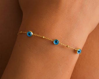 14K vergulde boze oog-kettingarmband in 925 sterlingzilver met Dorika-kralen, minimalistische Turkse sieraden, cadeau voor haar