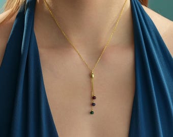 14K Gold Plated Drop Y Necklace - Genuine Ruby, Amethyst, Emerald Necklace - 925 Sterling Silver Natural Gemstone Lariat - Gifts for Her