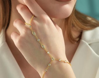 14K Gold Plated Hand Chain Bracelet in 925 Sterling Silver – Dainty Finger Bracelet with Cubic Zirconia