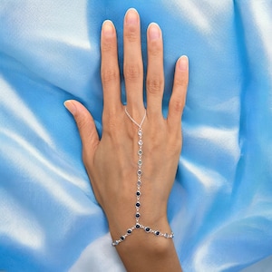 925 Sterling Silver Hand Chain Bracelet: Blue Gemstone Boho Finger Jewelry