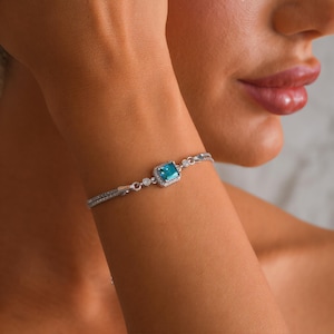 Sterling Silver Baguette Cut Aquamarine CZ Bracelet, Dainty Halo Box Chain (Gift for Her)