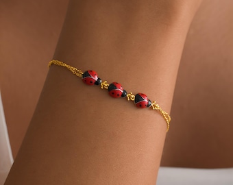 Ladybug Chain Bracelet, 14K Gold Plated Ladybird Jewelry in 925 Sterling Silver, Dainty Good Luck Charm Bracelet, Cute Nature Gift for Her