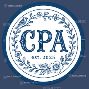 Chinoiserie CPA 2025-sticker | Elegante blauwe vinylsticker met bloemen voor nieuwe CPA's en afgestudeerden in de boekhouding