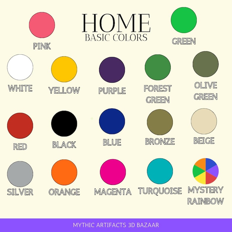 K&ouml;nnte beinhalten: Eine Farbkarte mit dem Titel &bdquo;HOME BASIC COLORS&ldquo; zeigt eine Vielzahl von Farben, darunter Pink, Wei&szlig;, Gelb, Lila, Rot, Schwarz, Blau, Silber, Orange und Magenta. Jede Farbe wird in einer kreisf&ouml;rmigen Form mit ihrem Namen darunter dargestellt.