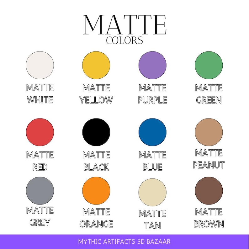 May include: A colour chart displaying twelve matte colours: white, yellow, purple, green, red, black, blue, peanut, grey, orange, tan, and brown. Each colour is shown in a circle with its name below. The text "MATTE COLORS" is at the top.
