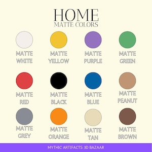 K&ouml;nnte beinhalten: Eine Farbkarte mit dem Text "HOME MATTE COLORS" zeigt zw&ouml;lf matte Farbmuster: Wei&szlig;, Gelb, Lila, Gr&uuml;n, Rot, Schwarz, Blau, Erdnuss, Grau, Orange, Beige und Braun. Der Text "MYTHIC ARTIFACTS 3D BAZAAR" befindet sich unten.