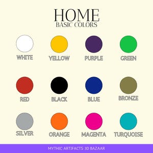 May include: A colour palette graphic labelled "HOME BASIC COLOURS." The image shows twelve coloured circles: white, yellow, purple, green, red, black, blue, bronze, silver, orange, magenta, and turquoise.