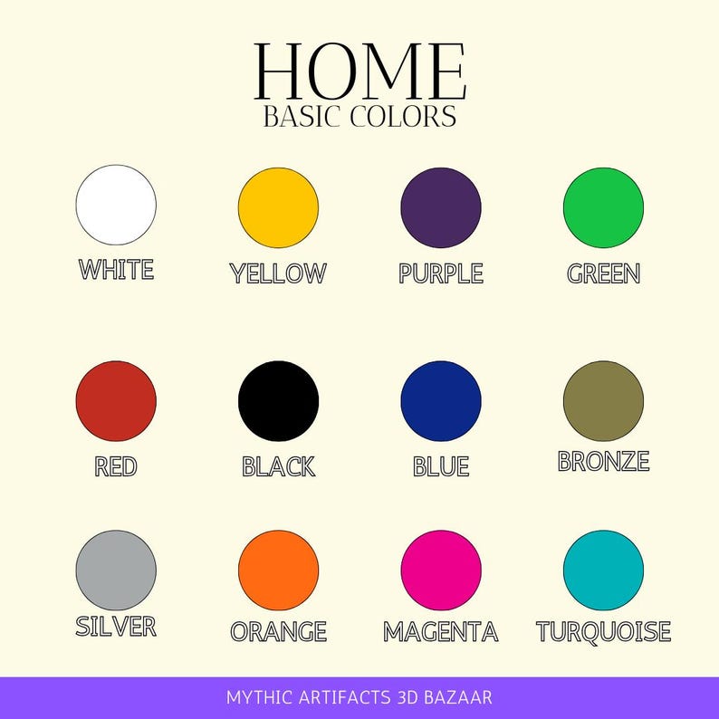 May include: A colour palette graphic labelled "HOME BASIC COLOURS." The image shows twelve coloured circles: white, yellow, purple, green, red, black, blue, bronze, silver, orange, magenta, and turquoise.