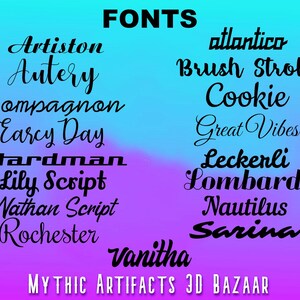 May include: An image displaying a selection of fonts in black lettering on a blue and purple gradient background. The word "FONTS" is at the top. Font names include "Artiston," "Autery," and "atlantico." The text "MYTHIC ARTIFACTS 3D BAZAAR" is at the bottom.