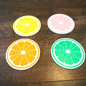 Citrus Coaster Set | 4pc Fruit Slice Drink Coasters with Holder | Summer Kitchen Decor | 4&quot; Round | Orange Lemon Lime Grapefruit