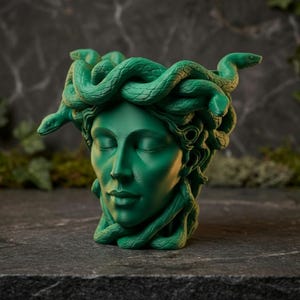 K&ouml;nnte beinhalten: Eine gr&uuml;ne Medusa-Kopf-Skulptur mit geschlossenen Augen und Schlangen als Haare. Die Skulptur besteht aus einem festen Material und steht auf einer dunkelgrauen Steinoberfl&auml;che. Der Hintergrund ist dunkelgrau mit gr&uuml;nem Laub.