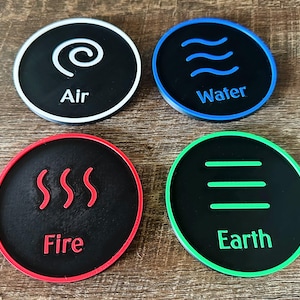 Elemental Coaster Set | 4pc Nature-Themed Drink Coasters + Holder | Earth Fire Water Air Decor | 4&quot; Round