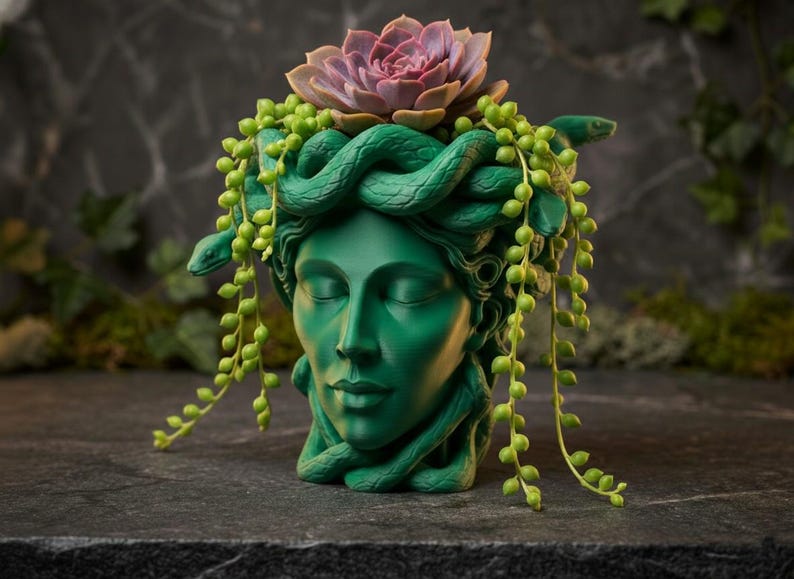 K&ouml;nnte beinhalten: Ein gr&uuml;ner Medusa-Kopf-Pflanztopf mit einer Sukkulente und H&auml;ngepflanzen. Der Pflanztopf zeigt ein detailliertes Gesicht mit geschlossenen Augen und Schlangen als Haare. Die Sukkulente hat eine hellviolette Farbe, und die H&auml;ngepflanzen sind gr&uuml;n.