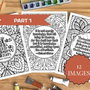 May include: A collection of 12 colouring pages featuring inspirational quotes and mandala patterns. The pages are in black and white, with text from John Bunyan and Richard Sibbes. "PART 1" and "12 IMAGES" are also visible.