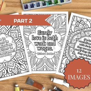 May include: Three black and white coloring pages with mandala patterns and quotes. The pages are labelled "Part 2" and "12 Images". Quotes include "Sin is Sweet in Commission, but Bitter in Remembrance!" and "Surely love is both work and wages."