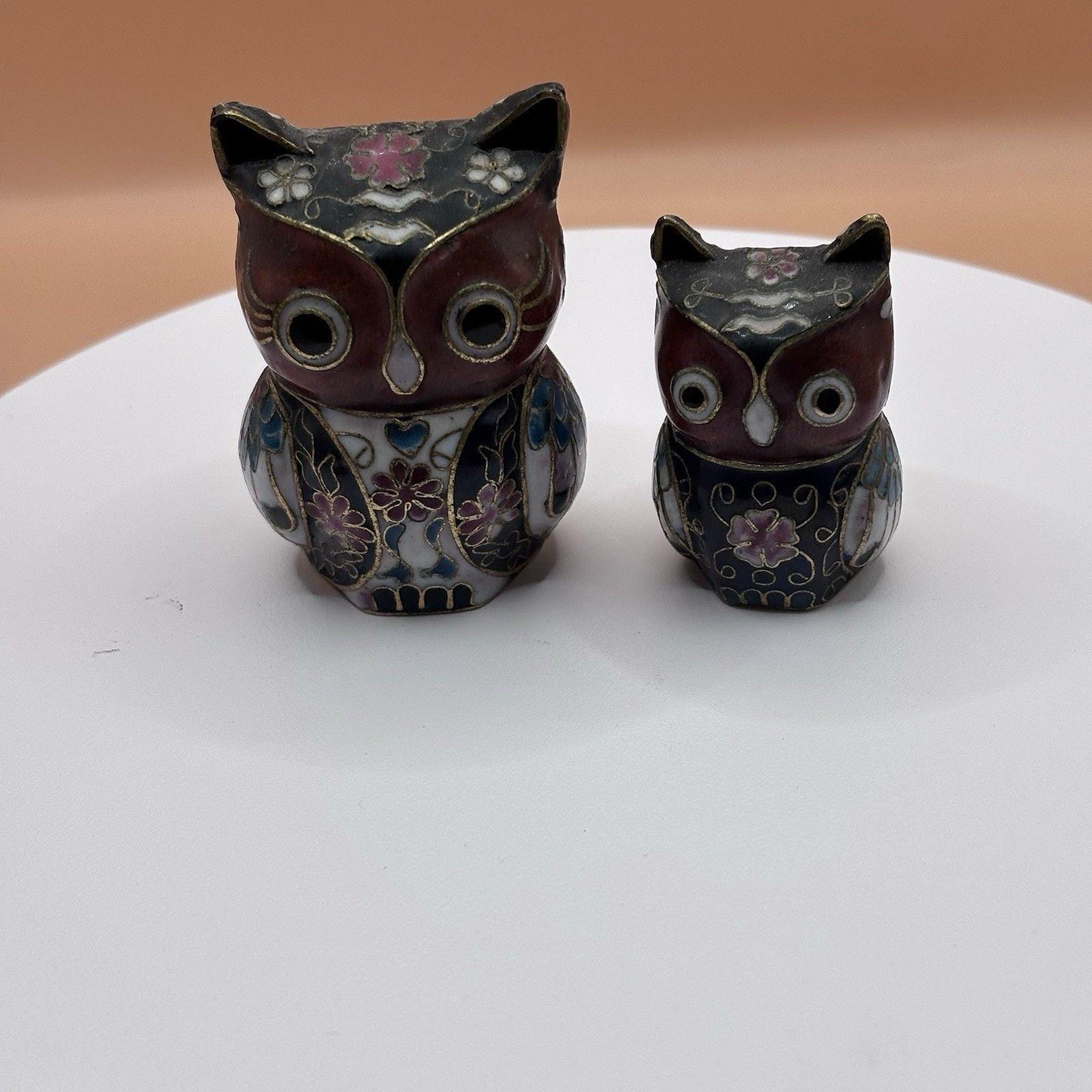 Vintage Cloisonn&eacute; Owl Figurines Pair Chinese Enamel Brass Miniature Owls Floral