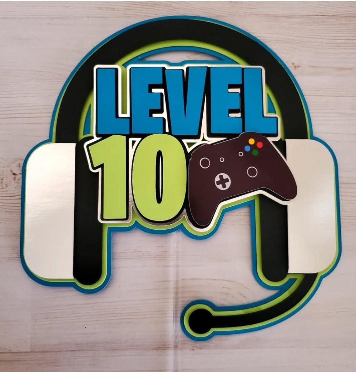Green Glitter “Happy 7th Birthday” Video Game Cake Topper – Gamer Party Decor - View #2