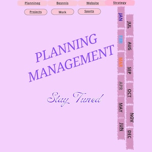 Peut inclure: Interface de planificateur numérique violet clair avec le texte "PLANNING MANAGEMENT". Les onglets incluent "Planning", "Business", "Website" et "Strategy". Un calendrier avec les mois de janvier à décembre est à droite.