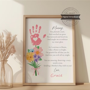 Impression de fleurs à la main pour la fête des mères, cartes pour les mamans, poème pour la fête des mères, souvenir pour maman, oeuvre d'art florale pour enfants, créations manuelles