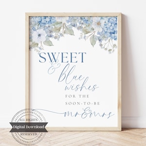 Afdrukbaar bord advies en wensen, iets blauws vrijgezellenfeest, decor blauwe hortensia, kaart bruiloft verloving, stoffige blauwe bloemen