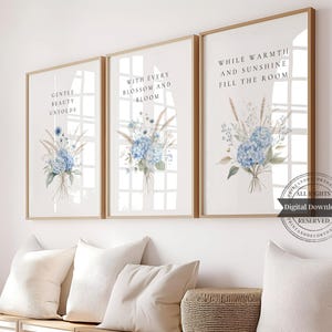 Hydrangea Wall Décor Print Set of 3, Trendy Wall Art, Blue Watercolor Wildflower Print, Botanical Wall Art for Over the Bed, Vertical Print