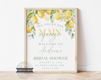 Lemon Bridal Shower Welcome Sign, Editable Canva Template, She found her main squeeze, Printable Citrus Poster, Floral Print, Summer Wedding