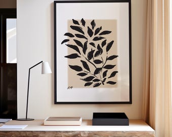 Impressão de arte de parede botânica preta moderna, ilustração minimalista de folha, fundo bege neutro, download digital para presente, pôster para ela
