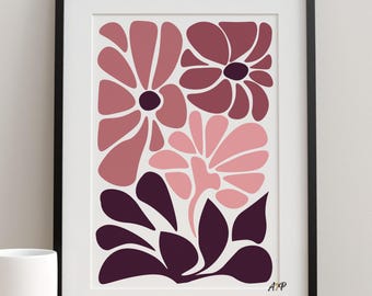Arte de pared con estampado floral retro, decoración malva, estilo bohemio, flores abstractas, póster moderno, acogedor, estética femenina, obra de arte digital, descarga digital