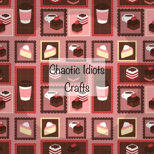 Puede incluir: Patrón repetitivo con tazas de café, porciones de pastel y pasteles de chocolate con cerezas, sobre un fondo rosa. Las palabras "Chaotic Idiots Crafts" están en el centro de la imagen.