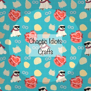 May include: A repeating pattern on a teal background featuring cartoon polar bears wearing sunglasses and scarves, heart-shaped designs with the text "Connie Baby", seashells, and infinity symbols. The text "Chaotic Idiots Crafts" is in the center.