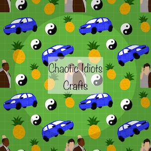 May include: A repeating pattern on a green grid background featuring blue cars, yellow pineapples, and black and white yin-yang symbols. The text "Chaotic Idiots Crafts" is overlaid on the design.