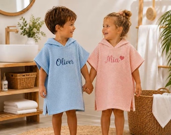 Personalized Kids Waffle Cotton Hooded Beach Poncho, Custom Name Swim Towel